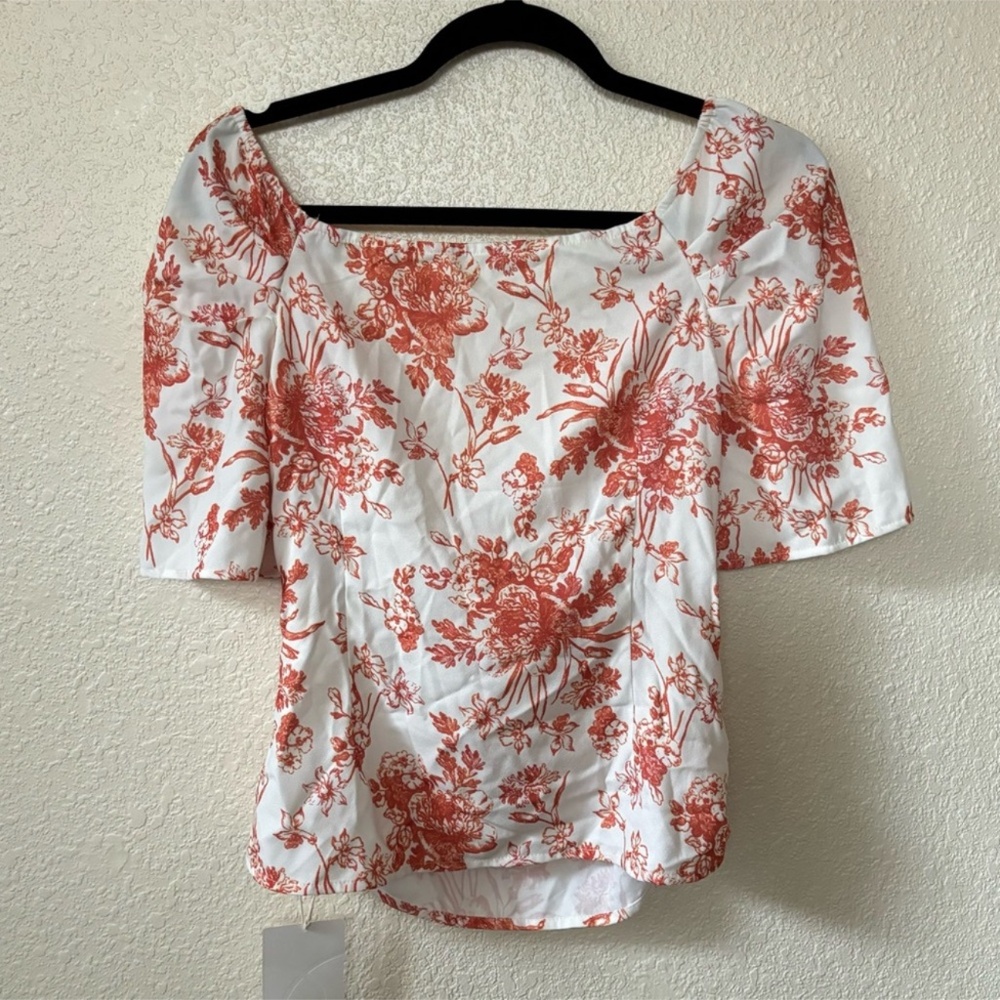 MOTF NWT White & Orange Floral Print Statement Sleeve Blouse Medium